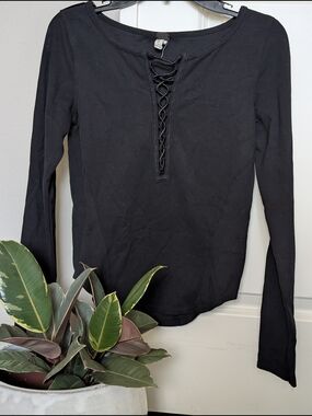 We The Free Black Lace-Up Long Sleeve Fitted Tee